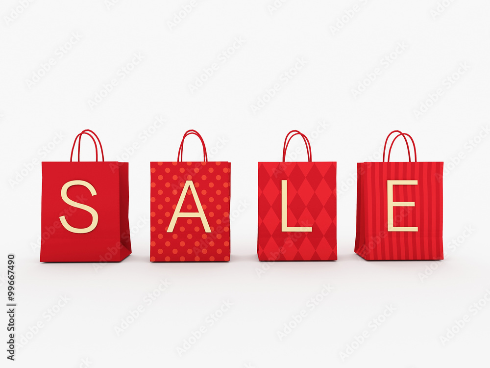Red shopping bags and SALE text isolated on white background