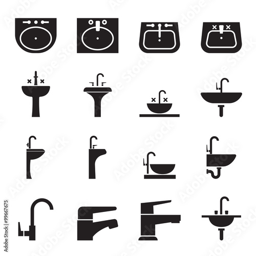 Silhouette sink, Wash basin, Faucet icon set