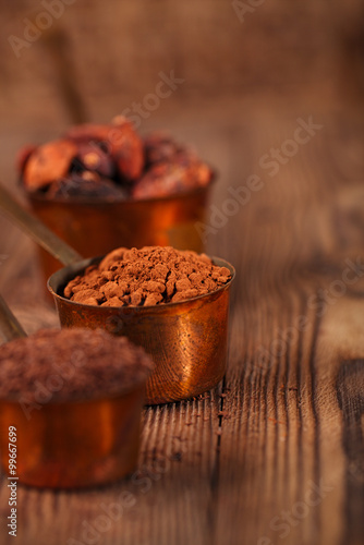 grated chocolate, powder and cocoa beans