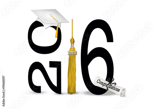 white graduation cap and gold tassel for class of 2016 on white