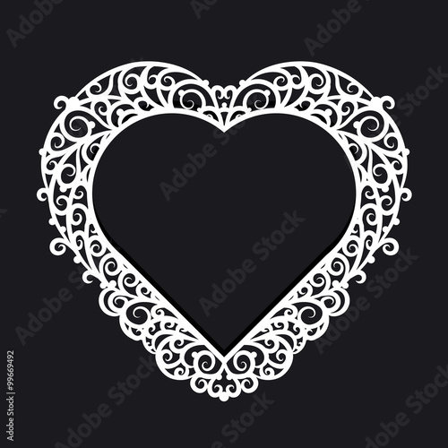 Frame heart with ornate trim on a black background. Design element for wedding or Valentine s Day.