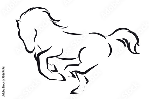 Minimalistic design with outline prancing horse on a white background.