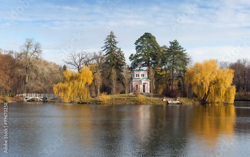 Upper pond and Pink Pavilion on Island of Anti-Circe in park "Sofiyivka". Uman city,Central Ukraine