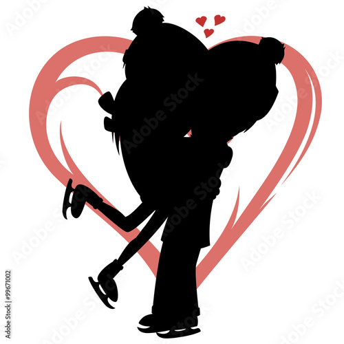 Winter hugs - Silhouette of a lovely ice skater couple (heart background).