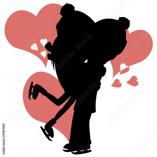 Winter hugs - Silhouette of a lovely ice skater couple (hearts in background).