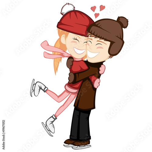 Winter hugs - A lovely ice skater couple is embracing and smiling (a ginger girl and a brown haired boy).
