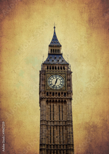 Big Ben, the famous London's landmark, in old paper background