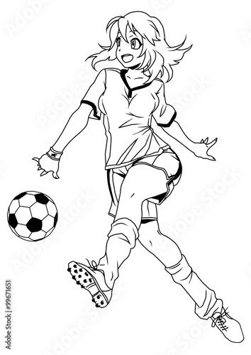 Football soccer player girl kicks the ball,illustration,logo,ink,black and white,outline,isolated on a white © orrlov