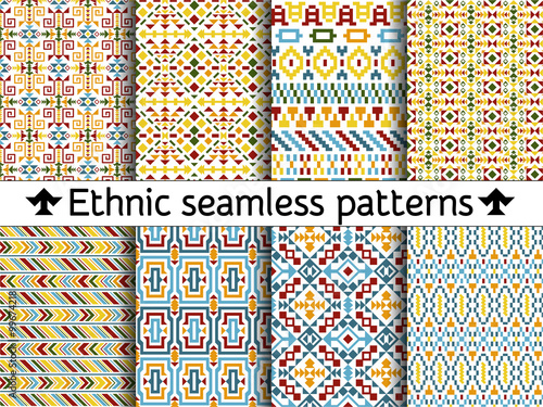Set of tribal seamless patterns. American Indian or asian motifs. Colorful vector illustration. Good for frames, borders and like a background. Abstract geometric collection. Stripes in ethnic style