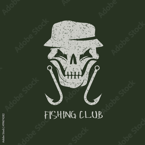 fishing club grunge emblem with skull in panama hat