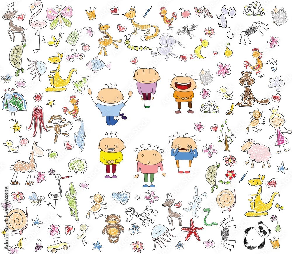 Children's drawings of doodle animals and emotions of people Children's drawings of doodle animals and emotions of people