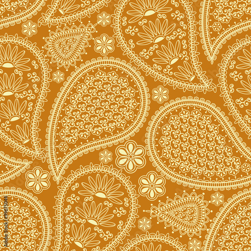Seamless pattern in Indian style.  Orange ethnic ornament with flowers and paisleys. 