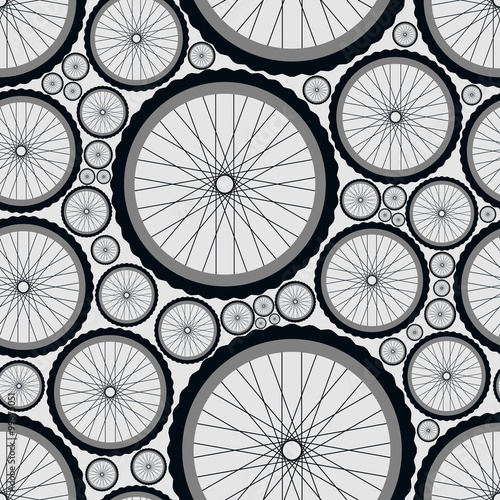 Seamless pattern with bike wheels. Bicycle wheels with tires, rims and spokes. Gray vector illustration. 