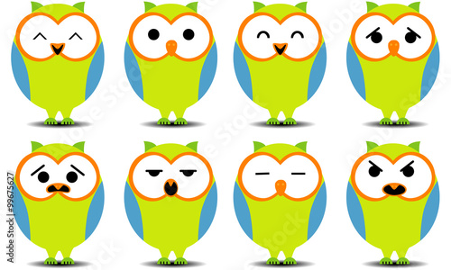 Set of cartoon owls with various facial expressions.
