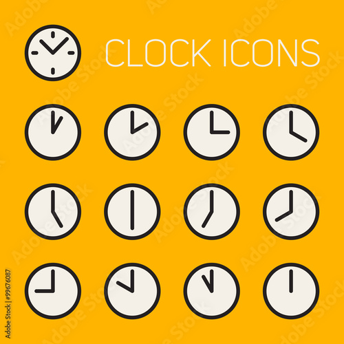 Set of Thirteen Vector Minimalistic Line Art Geometric Black and White Round Clock Time Icons