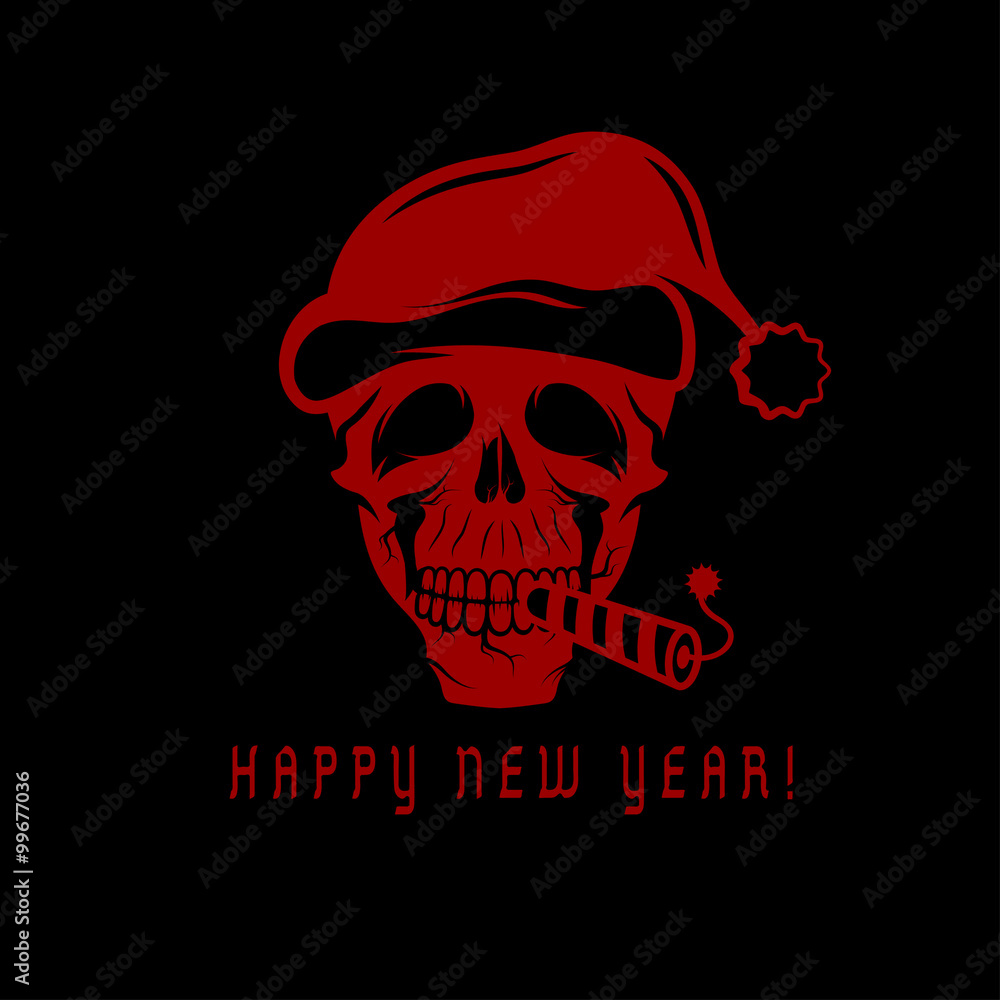 skull with a cracker in his mouth and a Santa Claus hat