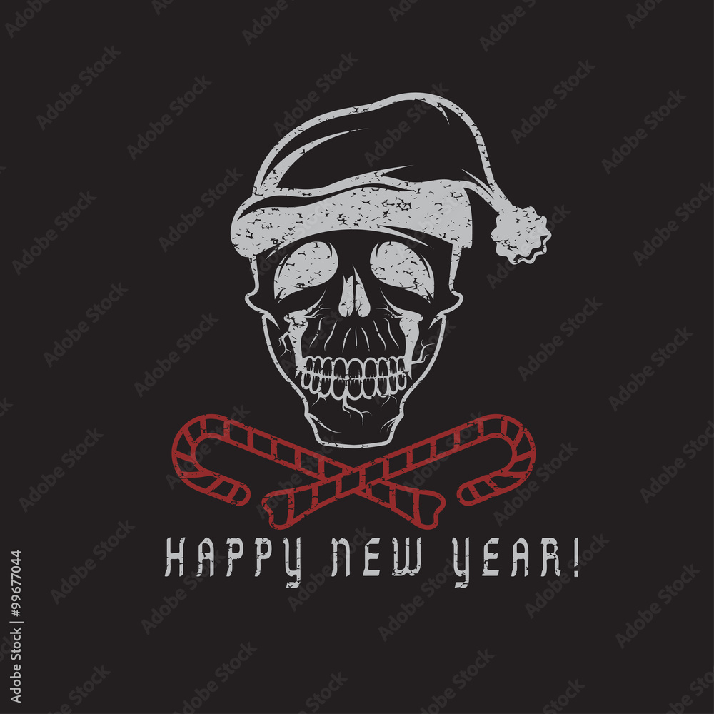 grunge skull with candies in his mouth and a Santa Claus hat
