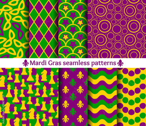 Set of seamless patterns for Mardi Gras. Traditional colors. Mask, chess, fleur de lis, circle and wave.