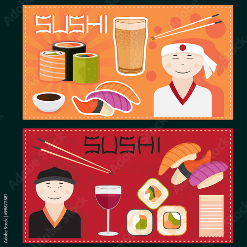sushi vector posters with chefs