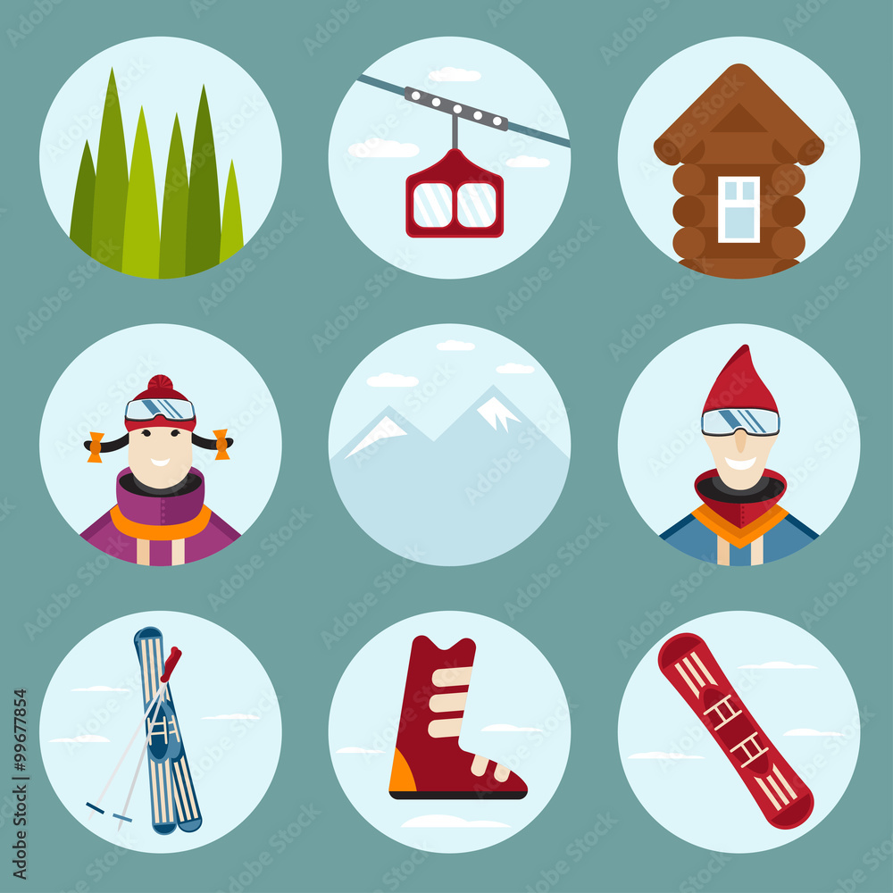 Fototapeta premium flat design vector icons on ski and snowboard theme