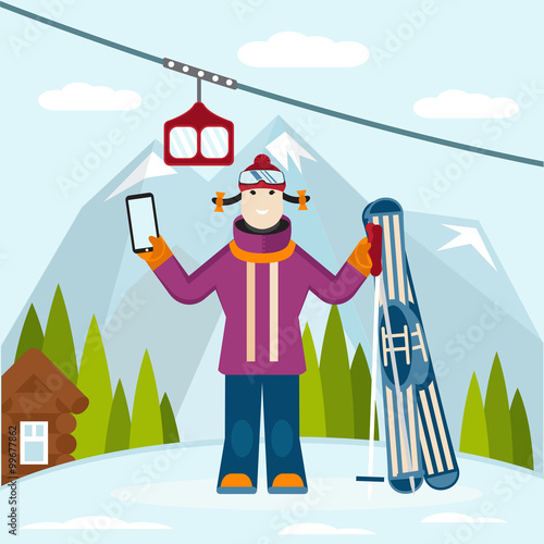 flat design vector illustration on selfie, ski and snowboard the