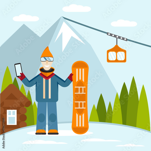 flat design vector illustration on selfie, ski and snowboard the