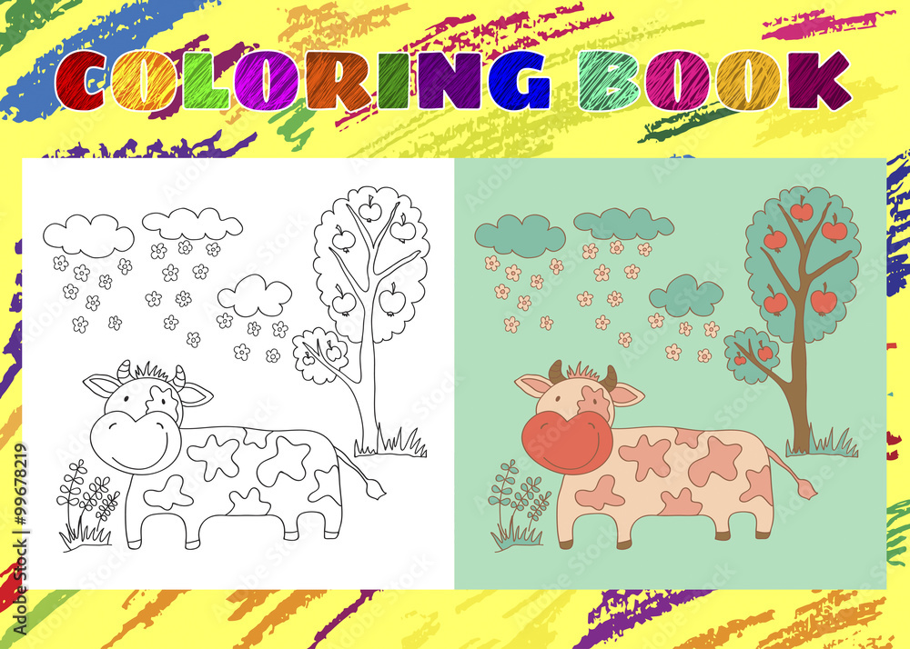 Coloring Book for Kids. Sketchy little pink cow in the garden on