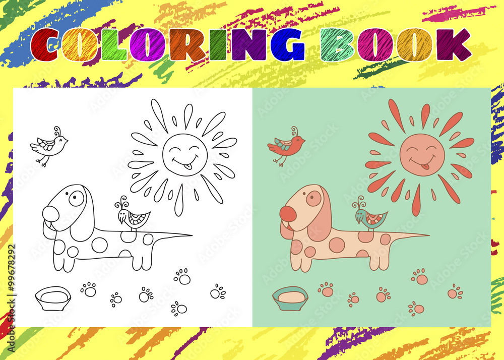 Coloring Book for Kids. Sketchy little pink dog with the sun and