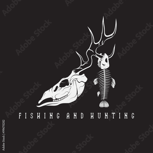 hunting and fishing vintage emblem with skulls of animals