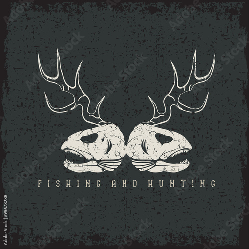 hunting and fishing vintage grunge emblem with skulls of animals