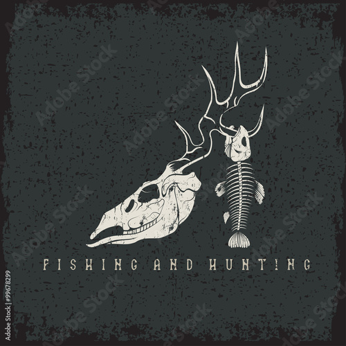 hunting and fishing vintage grunge emblem with skulls of animals