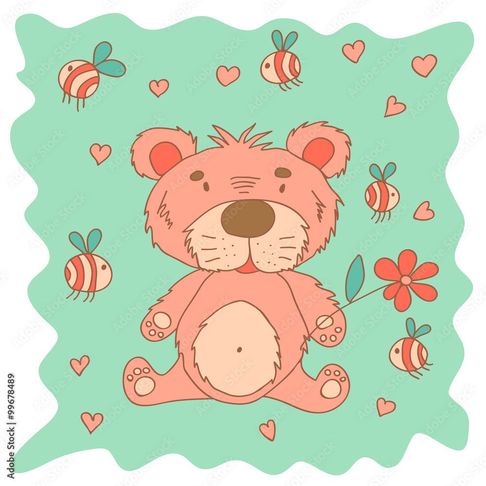 Fototapeta premium Sketchy little pink bear in cartoon style with bees and hearts.