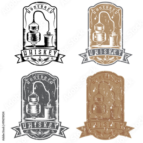 vintage vector grunge labels of whiskey with home alcohol machin