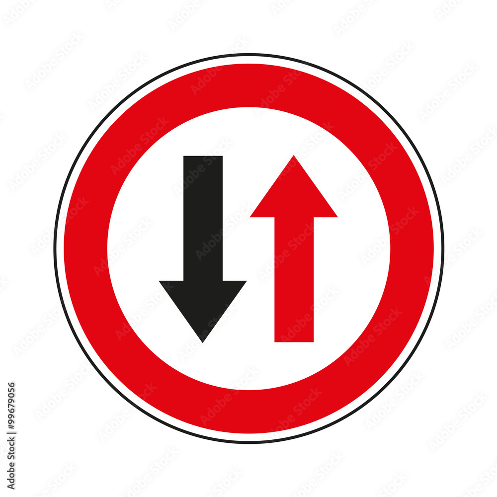 Priority of traffic sign. Give way to oncoming traffic. Priority of traffic sign. Give way to oncoming traffic.