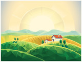 Summer countryside landscape with village. Sunrise. Polygonal illustration.