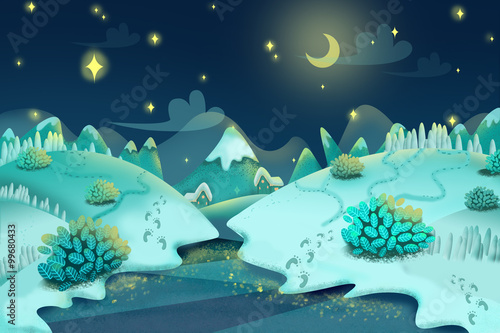Illustration: Snow Night. Realistic Fantastic Cartoon Style Artwork Scene, Wallpaper, Game Story Background, Card Design
