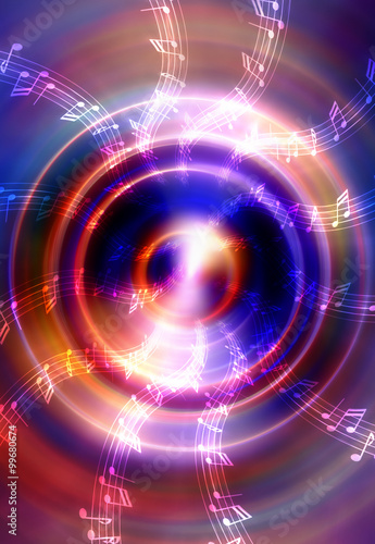silhouette of music Audio Speaker and note, abstract background, Light Circle. Music concept.