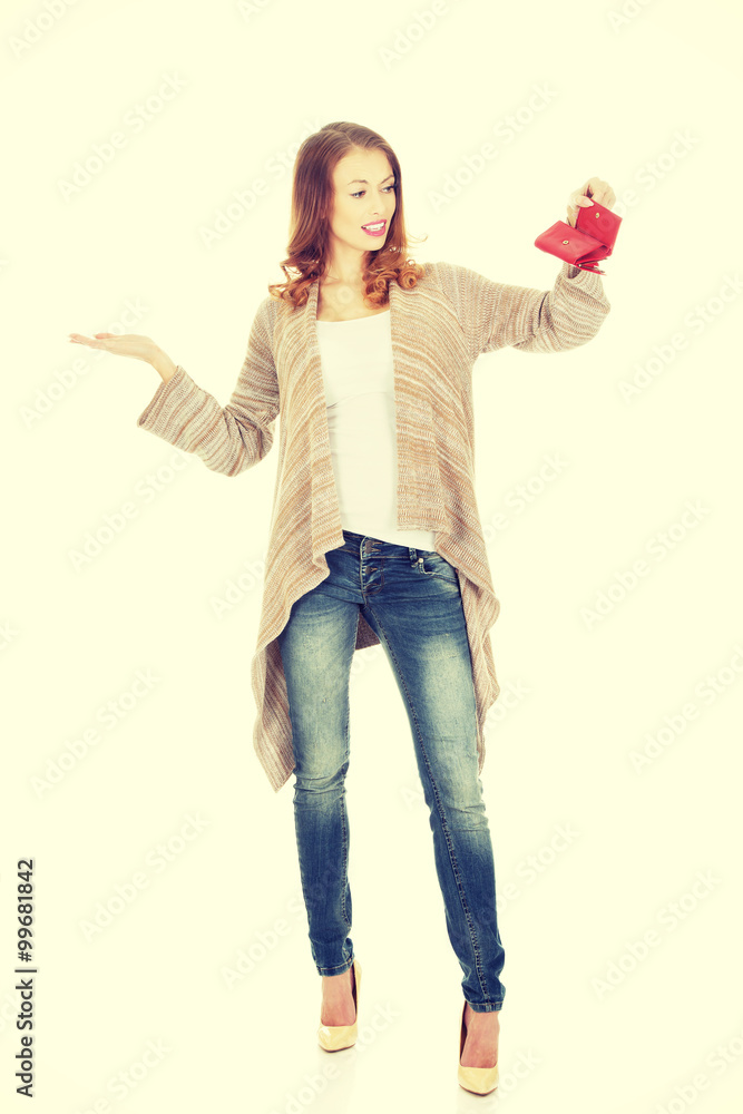 Unhappy woman with empty wallet. Unhappy woman with empty wallet.