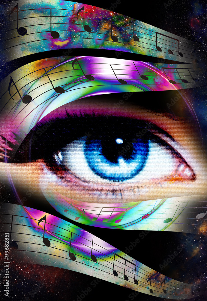 Obraz premium Woman Eye and music note and cosmic space with stars. abstract color background, eye contact.