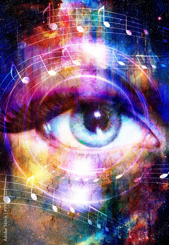 Woman Eye and music note and cosmic space with stars. abstract color background, eye contact. Woman Eye and music note and cosmic space with stars. abstract color background, eye contact.