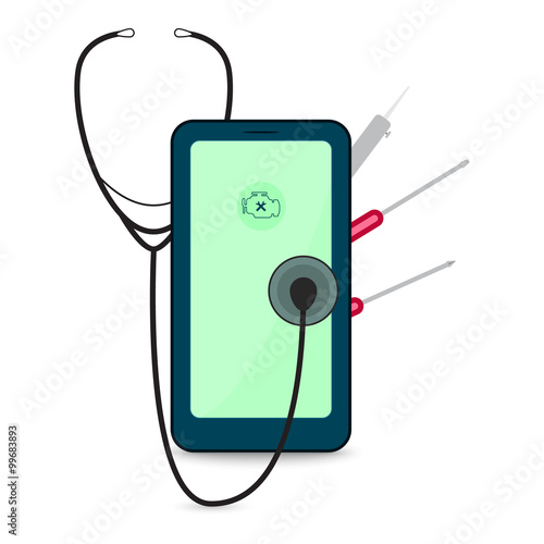 Mobile phone repair vector illustration with stethoscope, solder