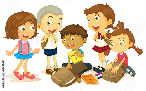 Boys and girls packing schoolbag