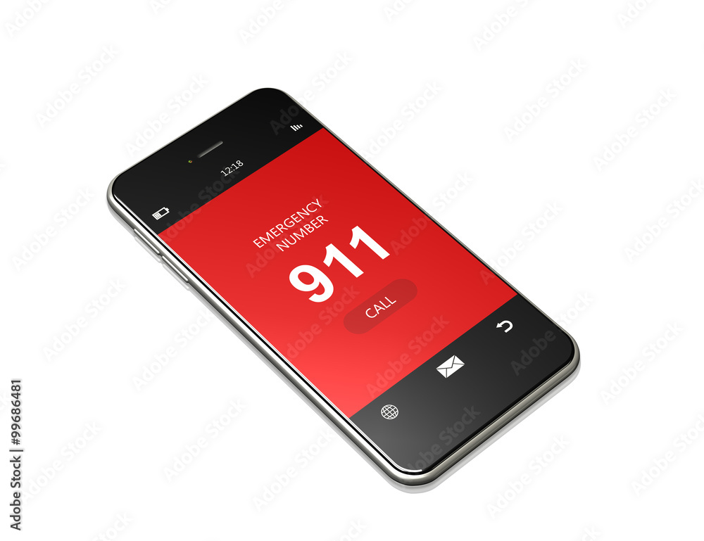 mobile phone with 911 emergency number lying on white - obrazy, fototapety, plakaty 