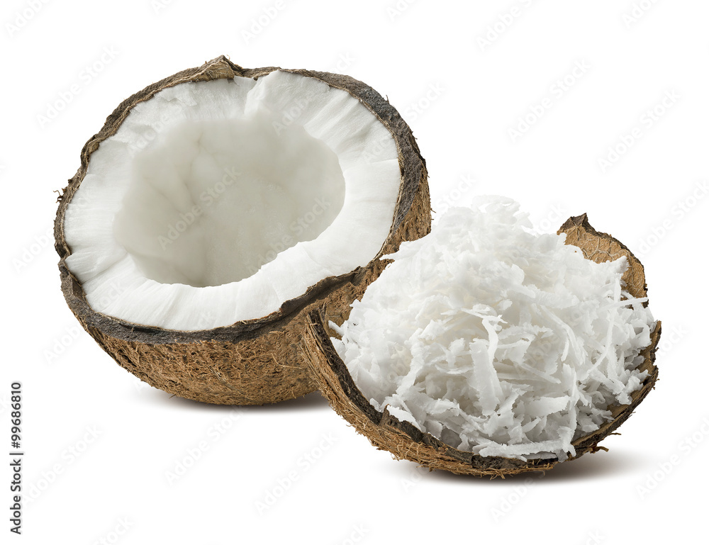Freshly grated coconut shell half isolated on white background Freshly grated coconut shell half isolated on white background