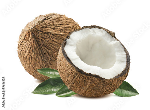 Coconut whole cut half leaves composition isolated white backgro