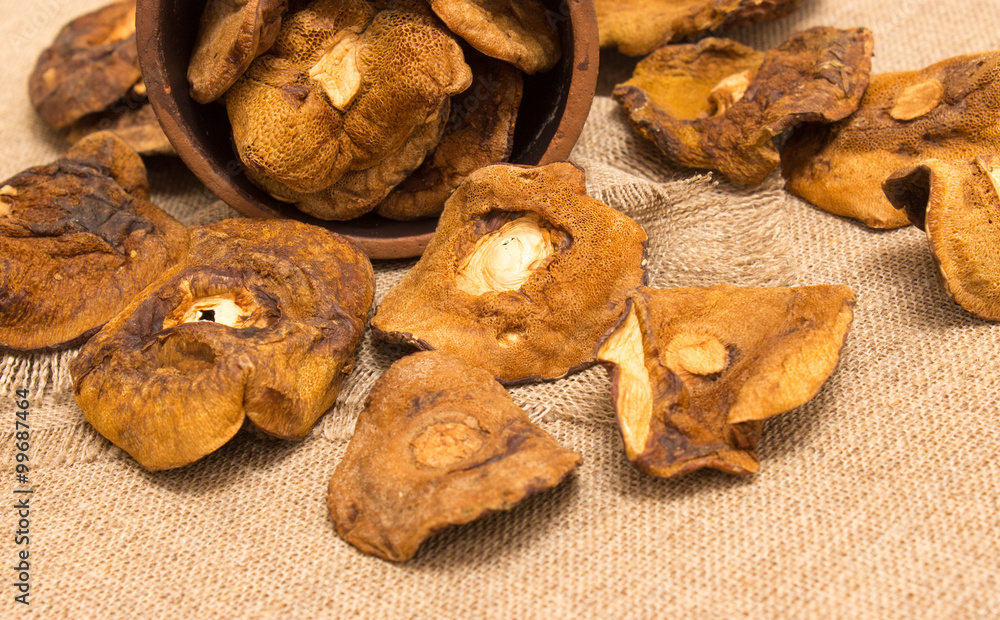 Fototapeta premium Dried mushrooms on canvas