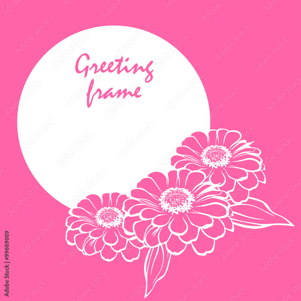Zinnia flower round greeting frame on pink background