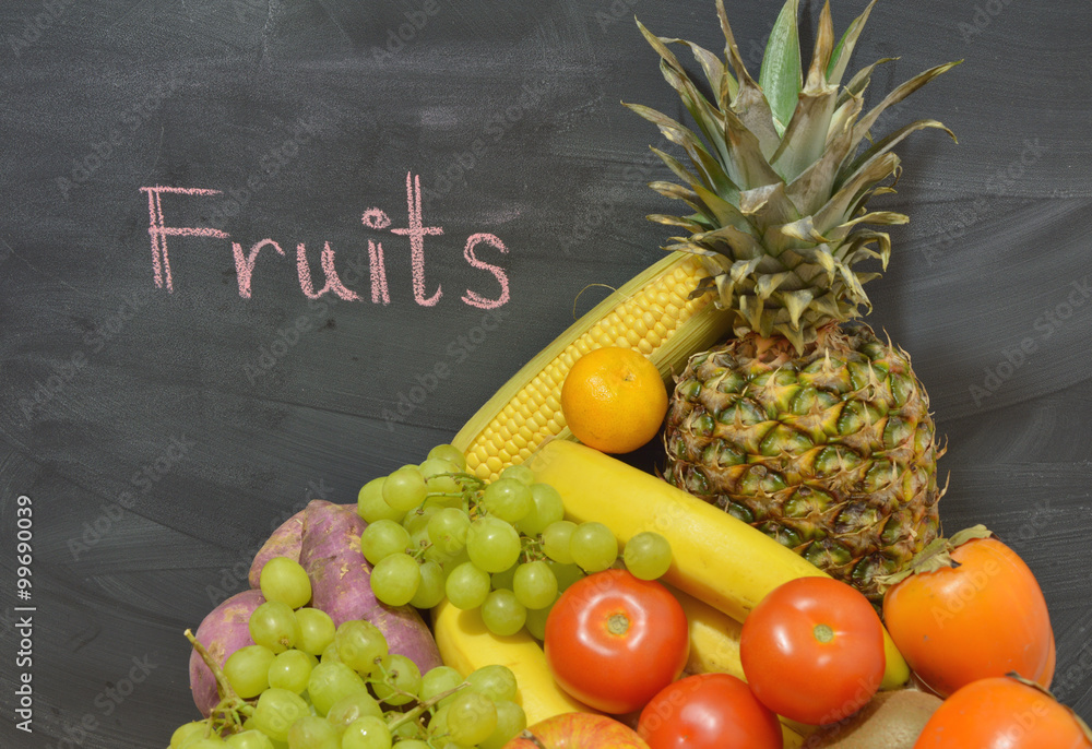 fruits with black blackboard and text
