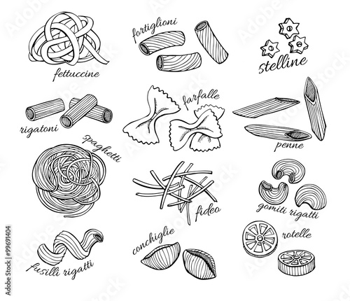 Vector hand drawn pasta set. Vintage line art illustration
