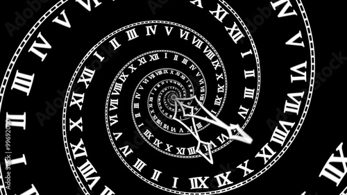 Looping Spiral Clock (4K). 
Animation symbolizing losing track of time. With a classic spiral clock turning on black background. Variations in my portfolio.
Full 4K computer generated animation
